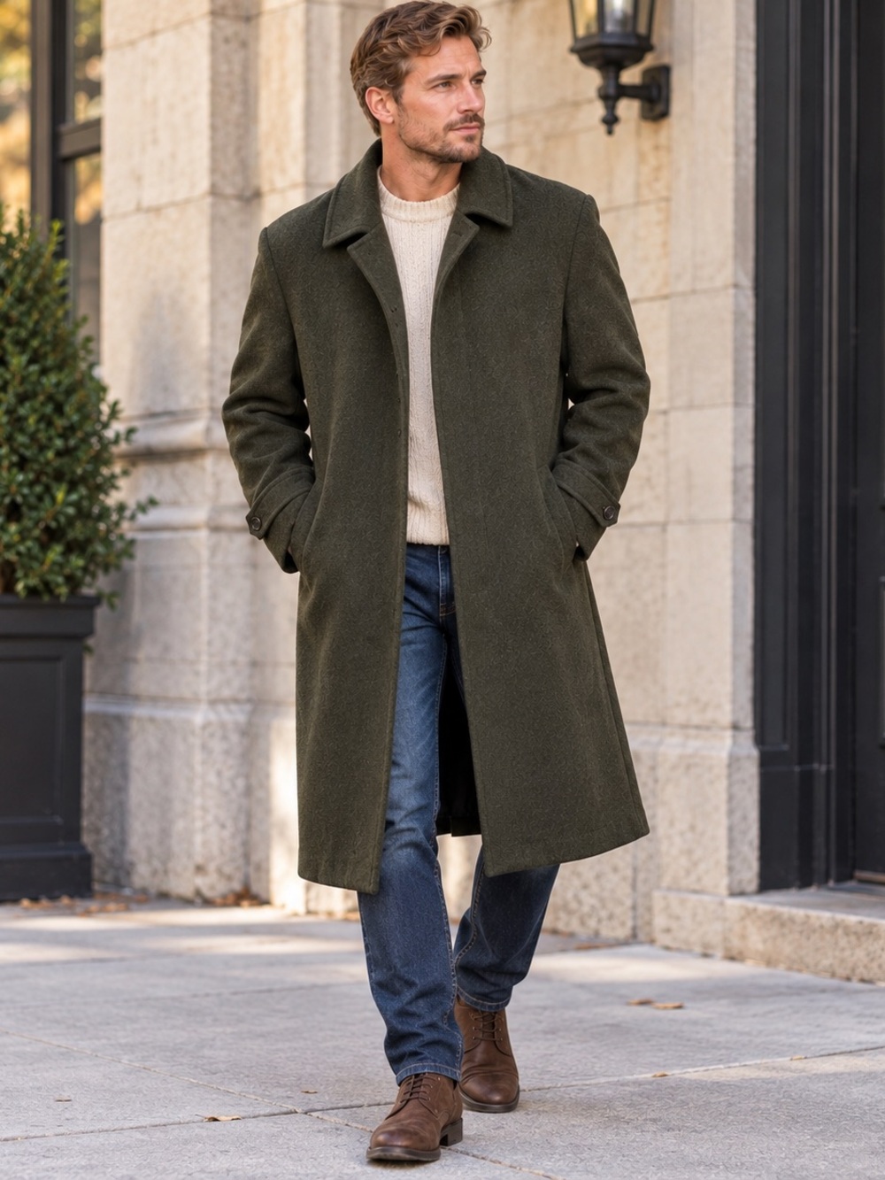 Schneider Men's Olive Green Long Trench Coat